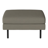Gray upholstered ottoman with a smooth texture and sleek black legs, perfect for modern decor.