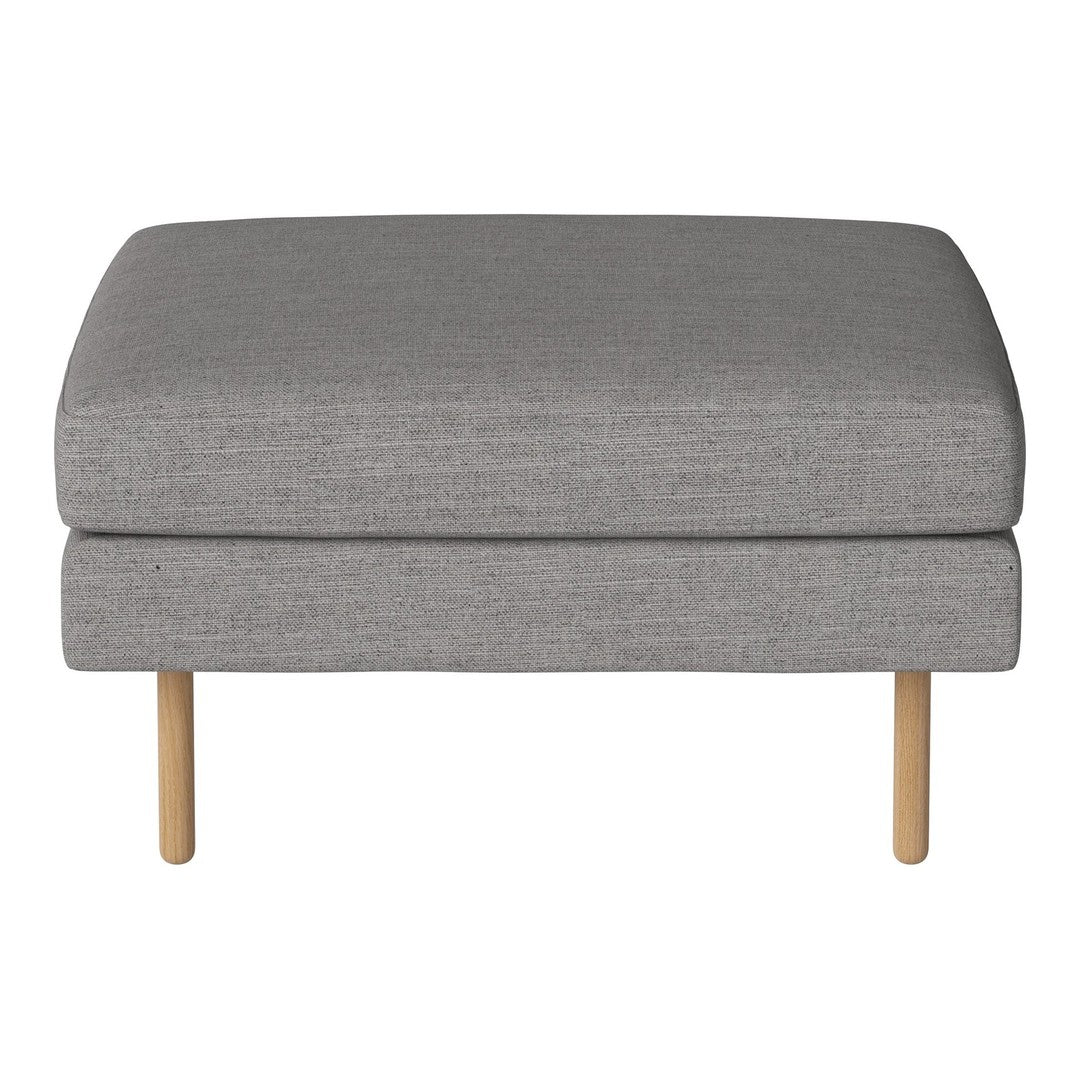Gray upholstered ottoman with a textured fabric and wooden legs, offering a modern and minimalist design.