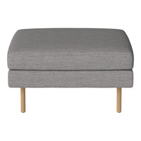 Gray upholstered ottoman with a textured fabric and wooden legs, offering a modern and minimalist design.