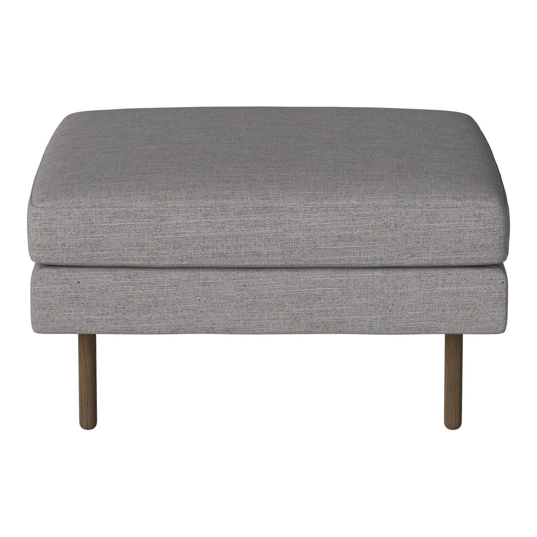 Gray upholstered ottoman with a smooth texture and simple design, featuring wooden legs for a modern touch.