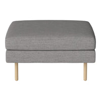 Gray upholstered ottoman with minimalist design and light wooden legs, perfect for modern decor.