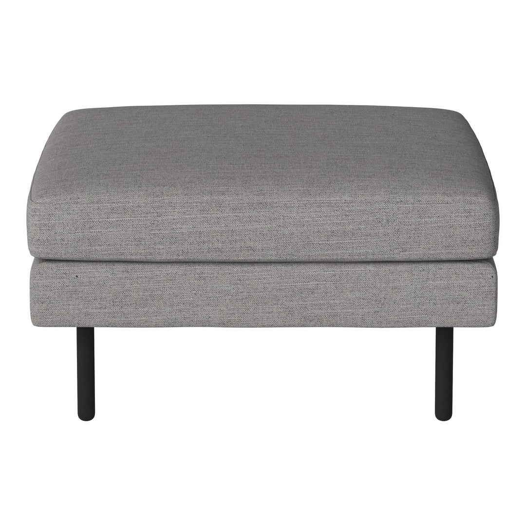 Gray upholstered ottoman with a smooth texture and minimalist design, featuring sleek black metal legs.