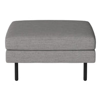 Gray upholstered ottoman with a smooth texture and minimalist design, featuring sleek black metal legs.