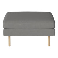 Gray upholstered ottoman with a textured pattern and light wooden legs, offering a modern and minimalist look.