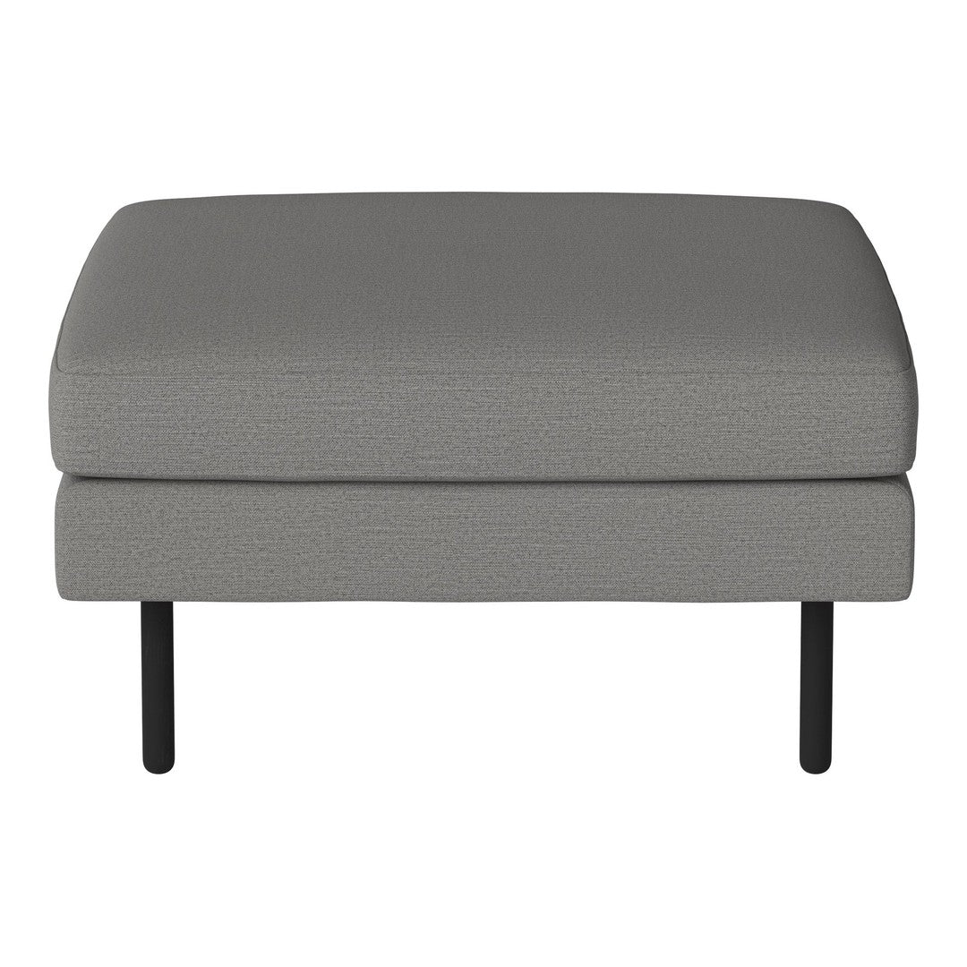 Gray upholstered ottoman with a smooth texture and sleek black metal legs. Perfect for modern home decor.