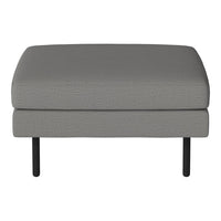 Gray upholstered ottoman with a smooth texture and sleek black metal legs, ideal for modern decor.