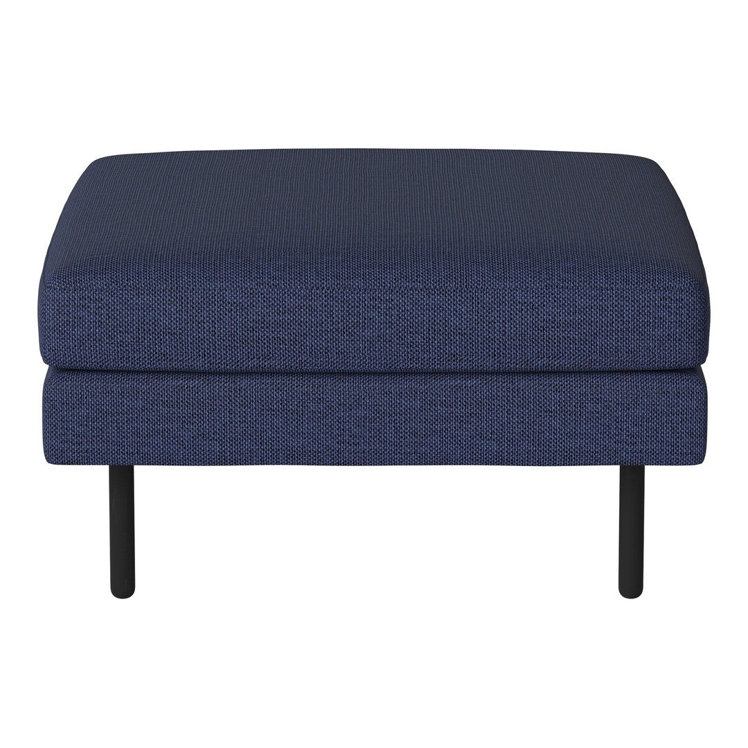 Navy blue upholstered ottoman with textured pattern and sleek black legs. Ideal for modern decor.