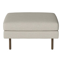 Neutral beige upholstered ottoman with a smooth texture and sleek brown legs. Ideal for versatile decor styles.