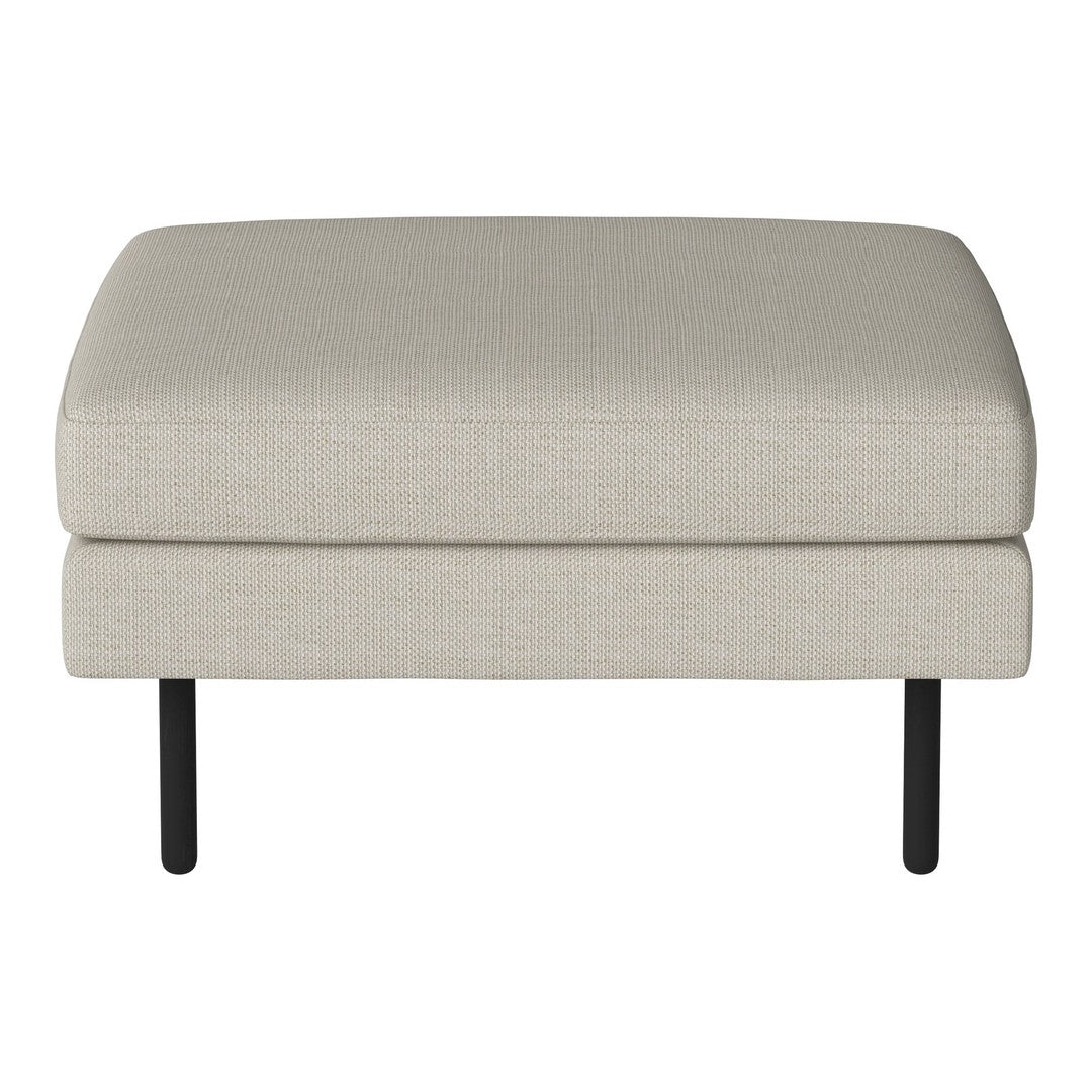 Beige upholstered ottoman with a simple, clean design and sleek black metal legs. Perfect for minimalist décor.