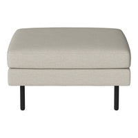 Beige upholstered ottoman with a simple, clean design and sleek black metal legs. Perfect for minimalist décor.