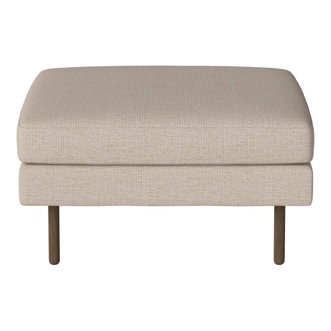 Beige upholstered ottoman with a simple, smooth texture and minimalist design on slender metal legs.