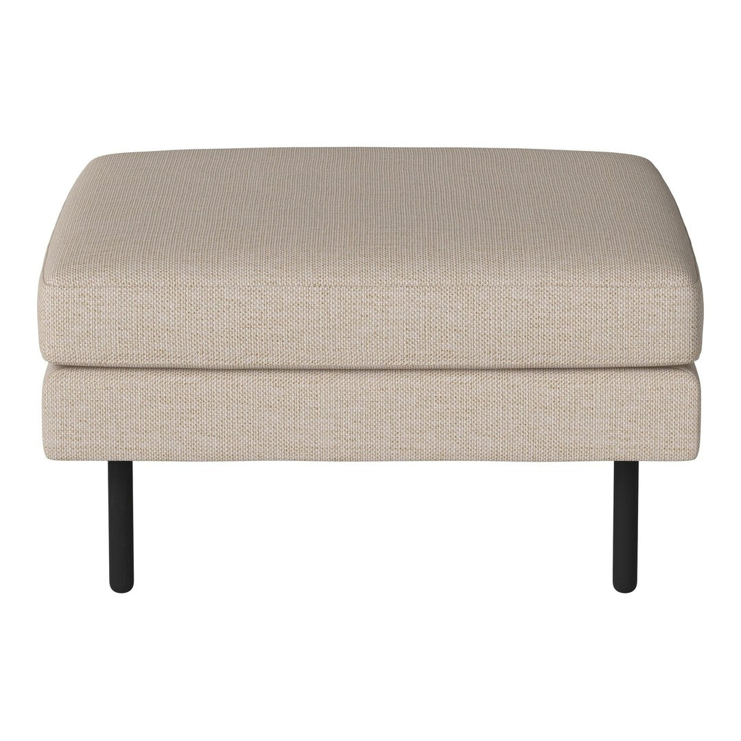 Beige upholstered ottoman with smooth texture and black metal legs. Simple and modern design.