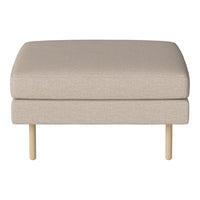 Beige upholstered ottoman with subtle texture and natural wood legs. Versatile design for any living space.