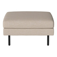 Beige upholstered ottoman with a smooth texture and sleek black legs. Ideal for modern decor.