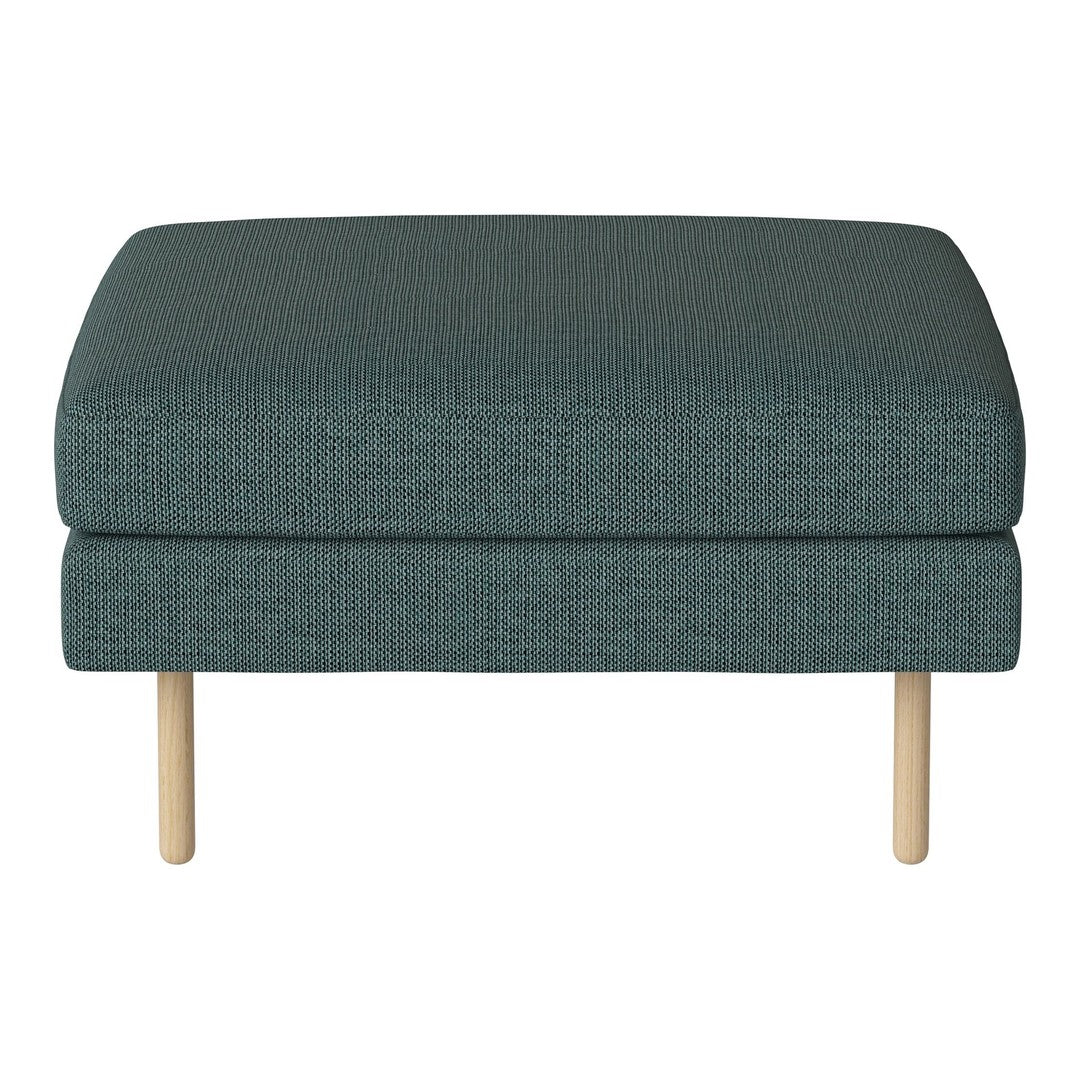 Teal upholstered ottoman with a textured pattern and light wooden legs, perfect for modern home decor.