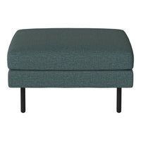 Teal patterned ottoman with a textured finish and sleek black legs, adding a modern touch to any decor.