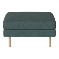 Teal upholstered ottoman with a textured pattern and light wooden legs. Perfect for modern home decor.