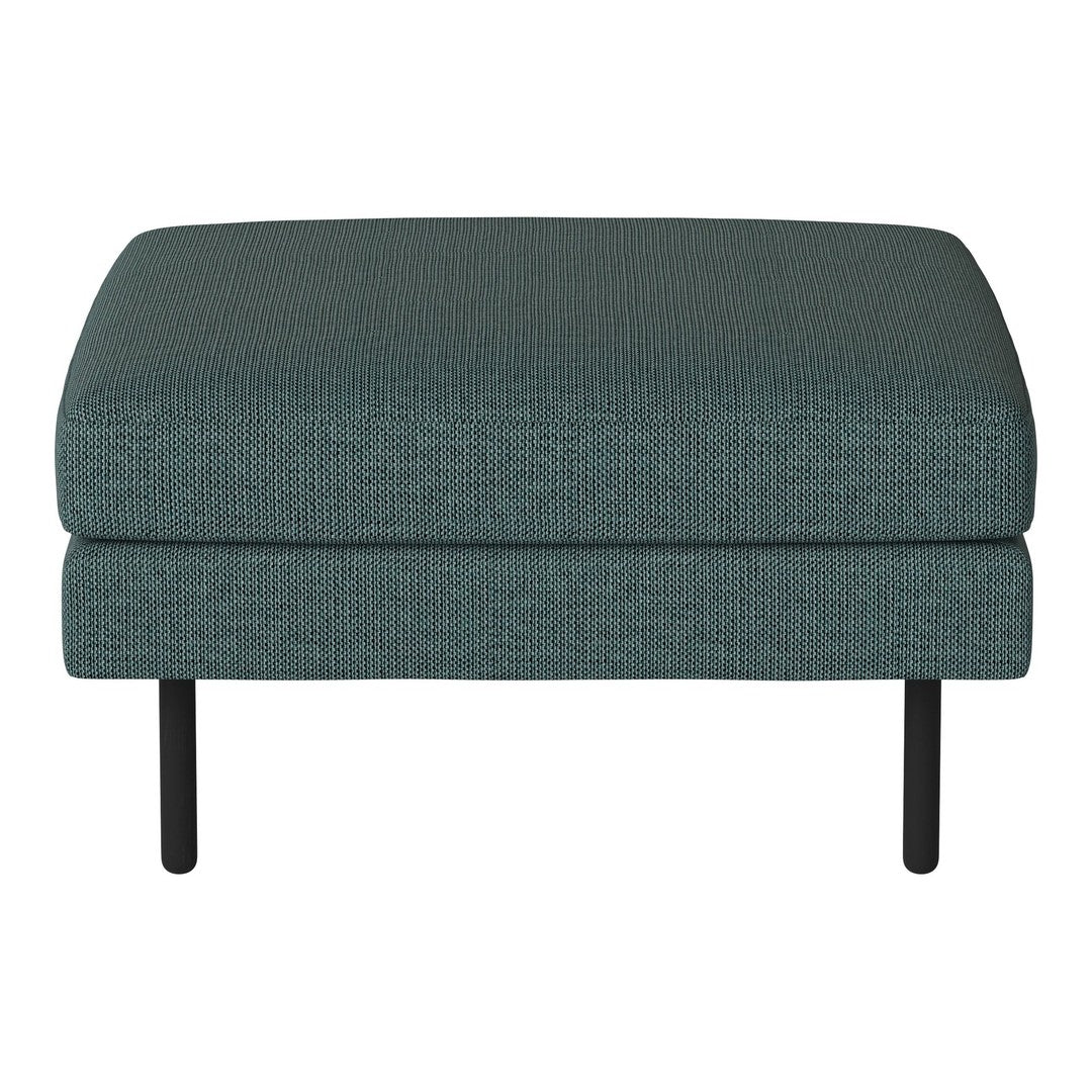 Teal upholstered ottoman with a subtle textured pattern and sleek black legs. Perfect for modern decor.