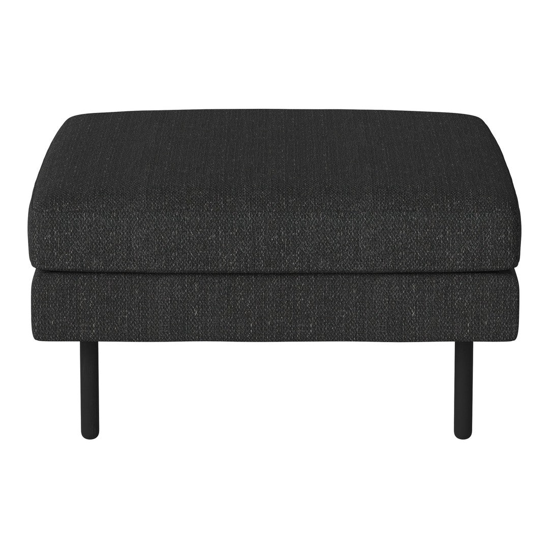 Black upholstered ottoman with a smooth texture and subtle flecked pattern, supported by sleek black legs.