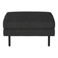 Black upholstered ottoman with a smooth texture and subtle flecked pattern, supported by sleek black legs.