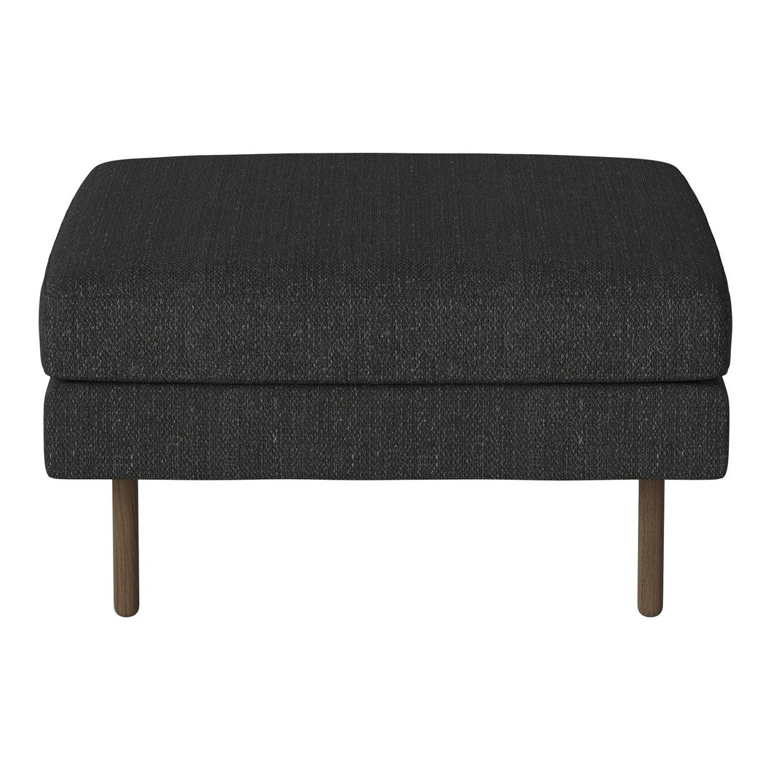 Dark gray upholstered ottoman with a textured pattern and wooden legs. Ideal for modern, minimalistic decor.