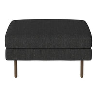 Dark gray upholstered ottoman with a textured pattern and wooden legs. Ideal for modern, minimalistic decor.