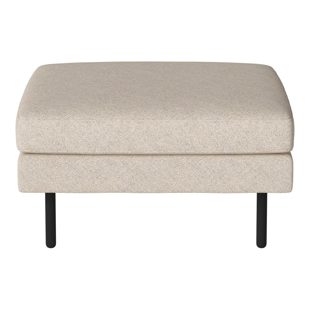 Beige upholstered ottoman with a smooth texture and minimalist black metal legs, perfect for any decor.