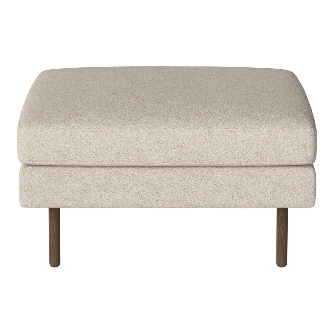 Cream upholstered ottoman with a textured fabric and simple metal legs, featuring a minimalist design.