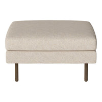 Cream upholstered ottoman with a textured fabric and simple metal legs, featuring a minimalist design.