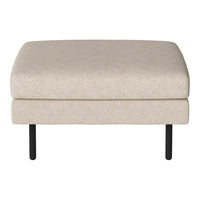 Beige upholstered ottoman with a smooth texture and black metal legs, featuring a minimalist design.