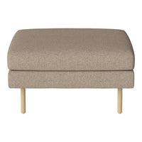 Beige upholstered ottoman with a smooth texture and natural wood legs, perfect for modern decor.