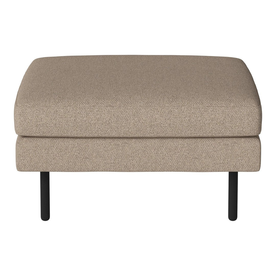 Beige upholstered ottoman with a smooth texture and black metal legs. Simple and modern design for any decor.