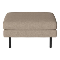 Beige upholstered ottoman with a smooth texture and black metal legs. Simple and modern design for any decor.