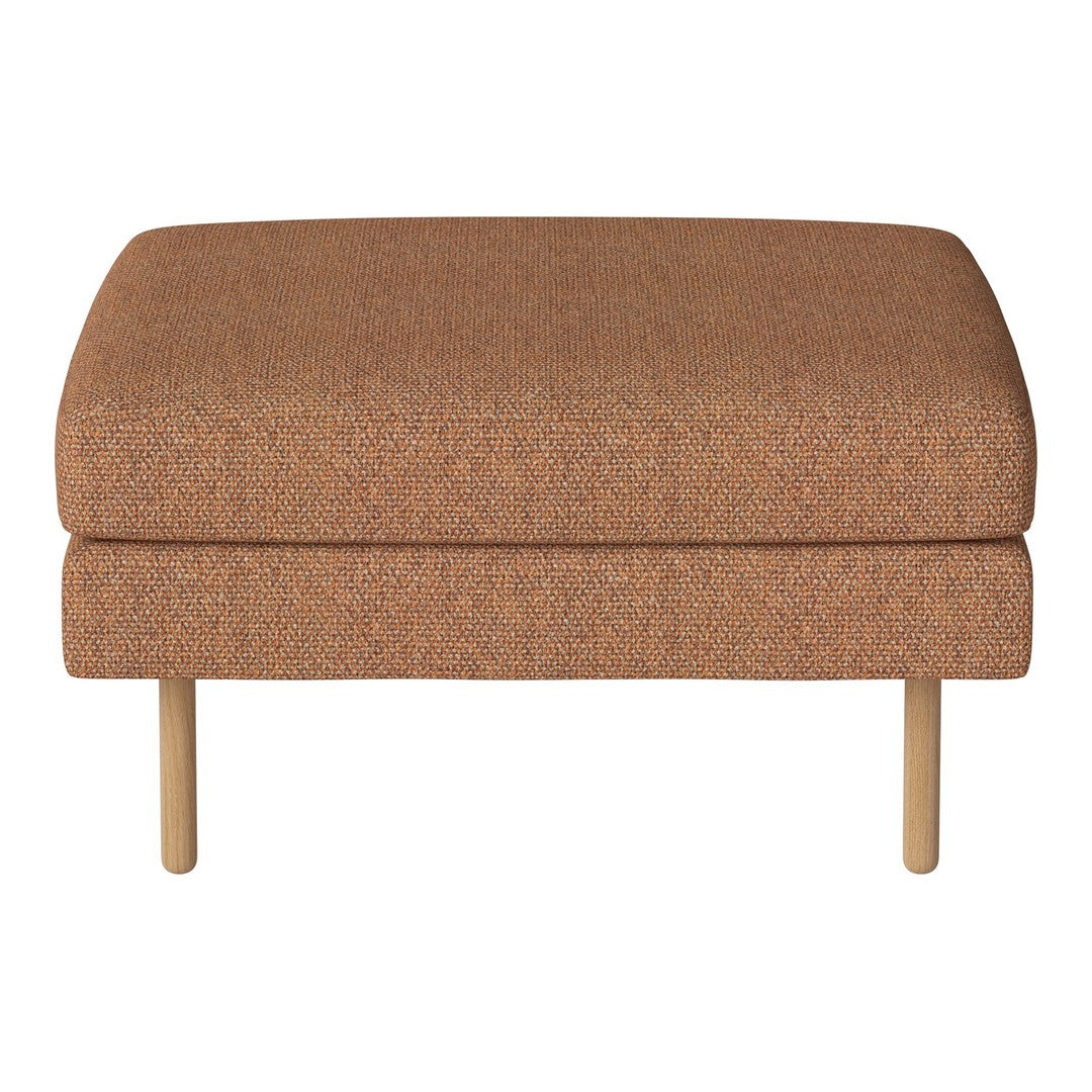 "Soft brown upholstered ottoman with subtle texture and light wooden legs, perfect for modern decor."