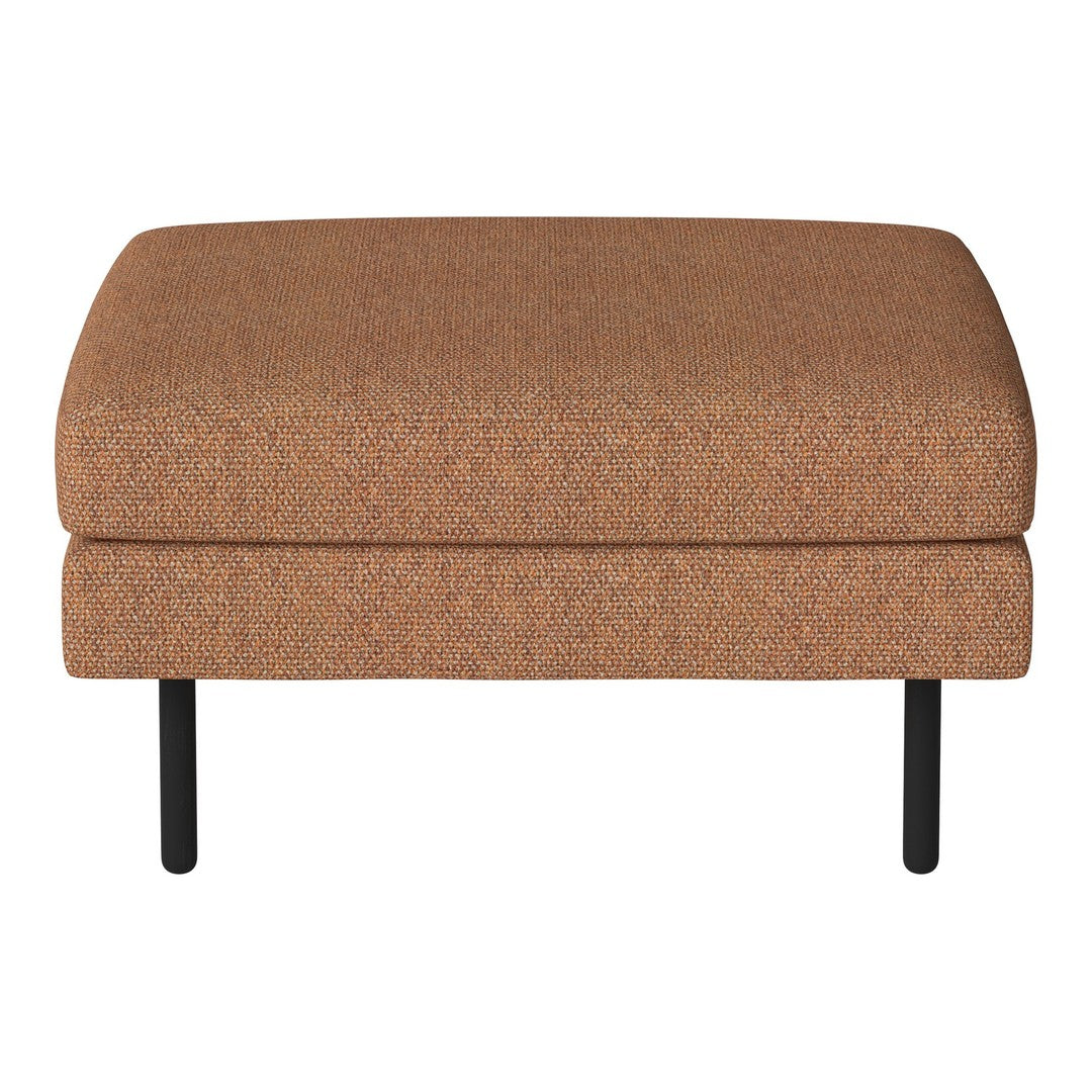 Textured brown ottoman with subtle speckles, featuring a sleek black metal base. Ideal for modern decor.