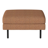 Textured brown ottoman with subtle speckles, featuring a sleek black metal base. Ideal for modern decor.
