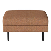 Brown upholstered ottoman with a textured pattern and black metal legs. Ideal for modern living spaces.