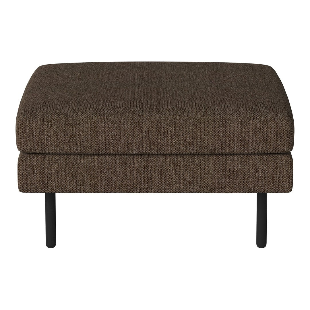 Brown upholstered ottoman with a textured pattern and black metal legs. Perfect for modern living spaces.