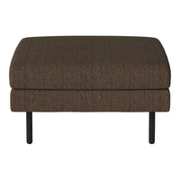 Brown upholstered ottoman with a textured pattern and black metal legs. Perfect for modern living spaces.