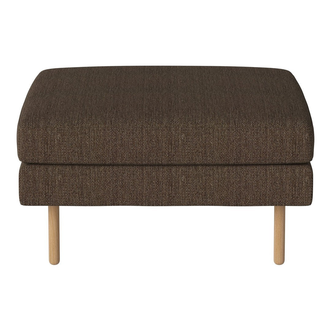 Brown textured ottoman with a subtle pattern and light wooden legs, perfect for modern decor.