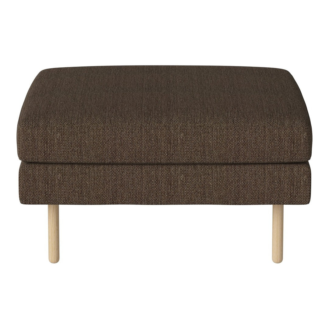Brown fabric upholstered ottoman with a smooth texture and light wood legs. Ideal for modern decor.