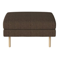 Brown fabric upholstered ottoman with a smooth texture and light wood legs. Ideal for modern decor.