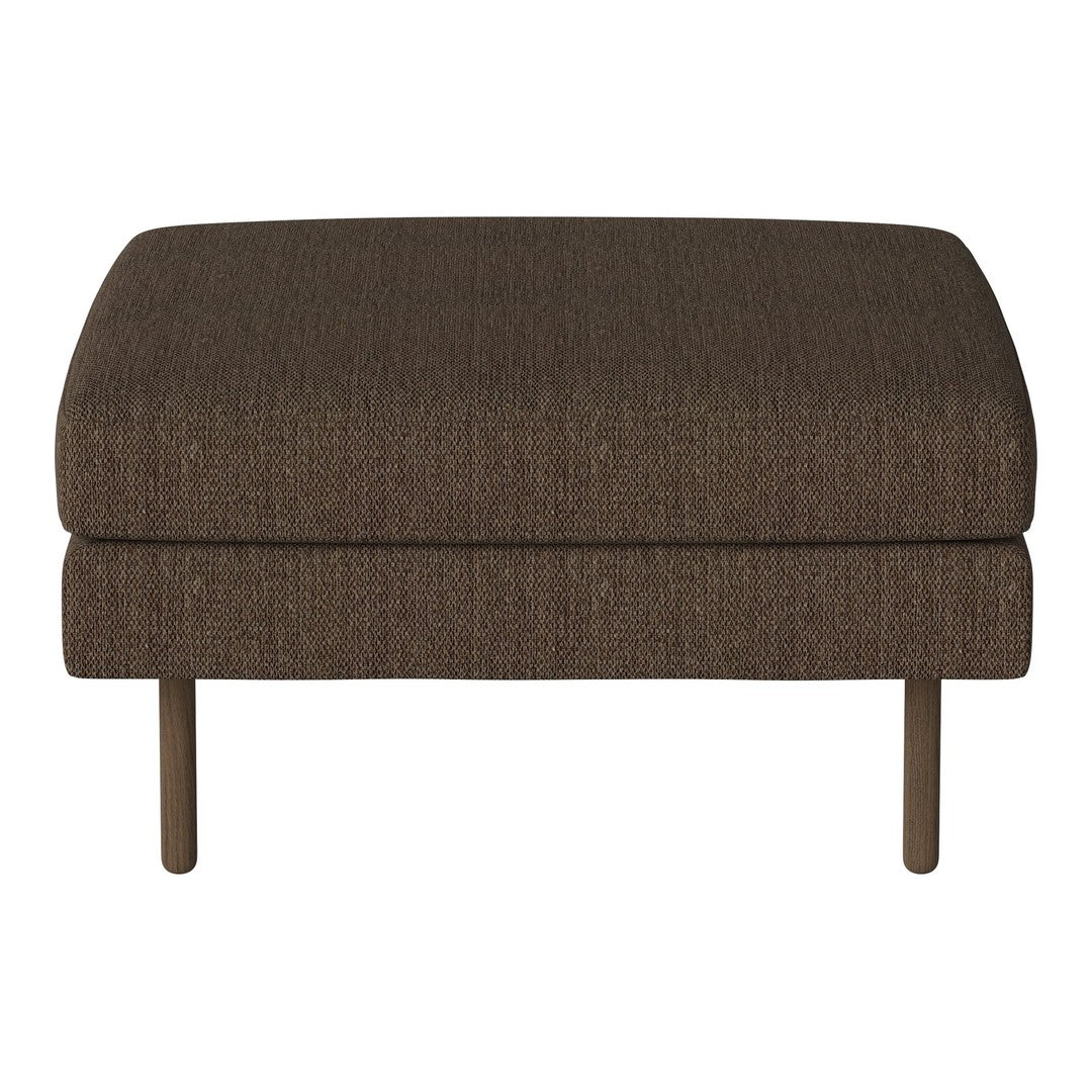 Brown textured ottoman with a smooth, curved top and slender metal legs, perfect for contemporary decor.