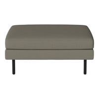 Neutral gray upholstered ottoman with a smooth texture and sleek black legs, ideal for modern decor.