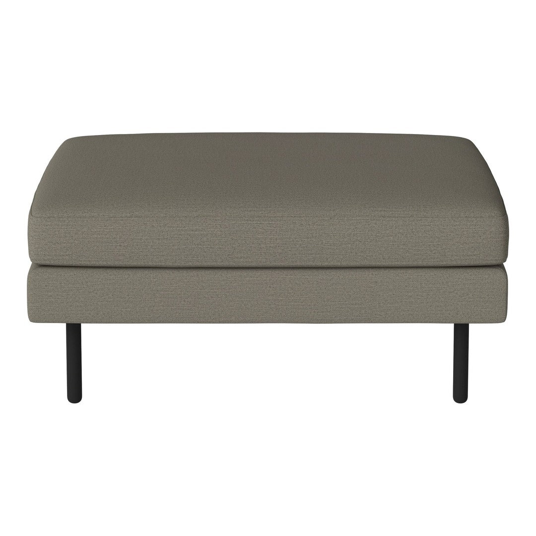 Grey upholstered ottoman with a smooth texture and sleek black legs. Perfect for modern decor.