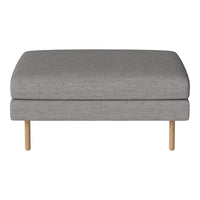 Gray fabric ottoman with a smooth texture and natural wooden legs, ideal for modern living spaces.