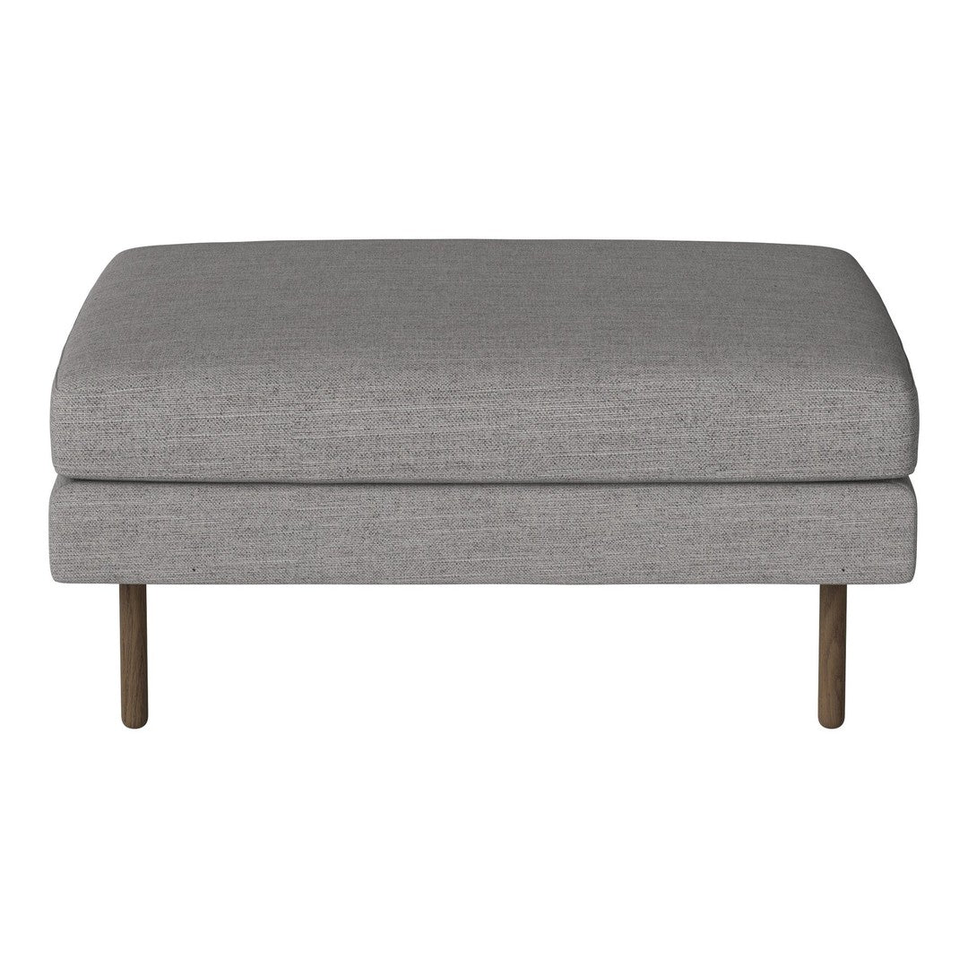 Gray upholstered ottoman with a sleek design and minimalist pattern, complemented by metal legs.