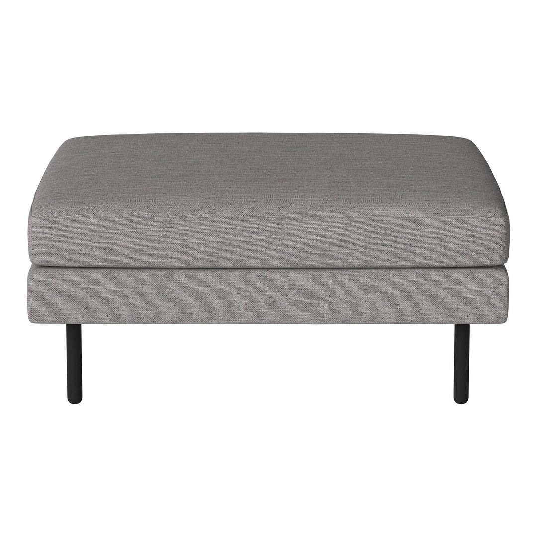 Gray upholstered ottoman with a smooth, solid texture and sleek black legs for modern decor.