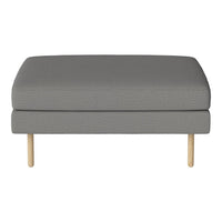 Gray upholstered ottoman with a textured pattern and light wood legs, perfect for modern decor.