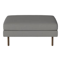 Light gray upholstered ottoman with a smooth texture, featuring simple lines and metallic legs.